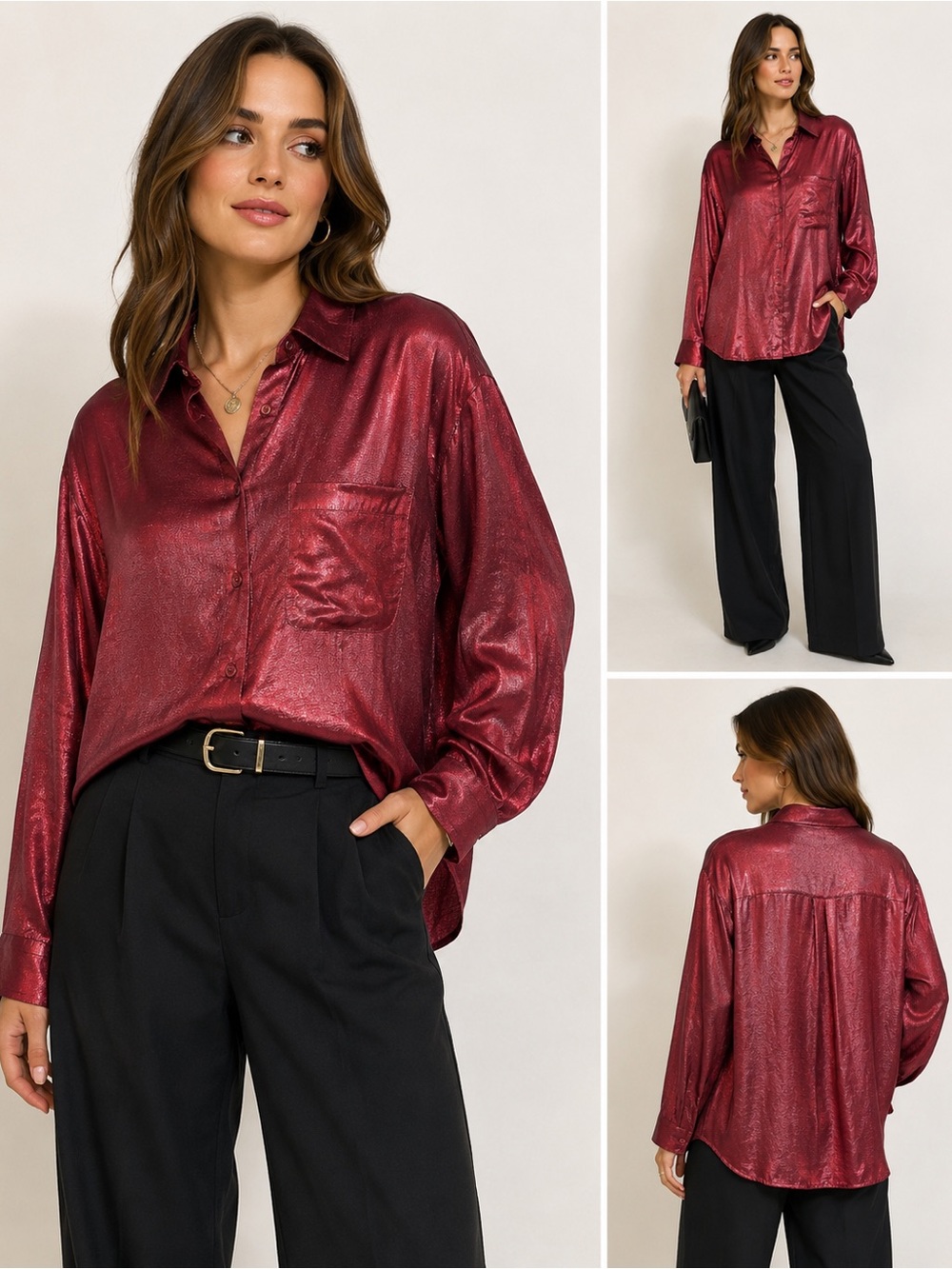 Forenza Metallic Red Satin Button-Up Blouse Shimmer Oversized Y2K Glam Top S